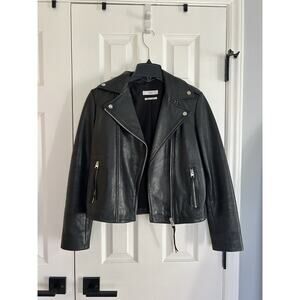 Mango Women's Genuine Leather Moto Jacket Full Zip Collared in Black Size XS
